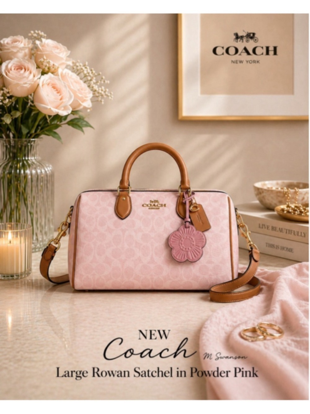NEW Authentic Coach Large Rowan Satchel In Pink Signature Canvas With Charms NWT